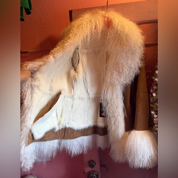 Luxurious Brown & Off White Mongolian Fur Penny Lane Retro 70s Jacket Coat - Picture 10 of 10